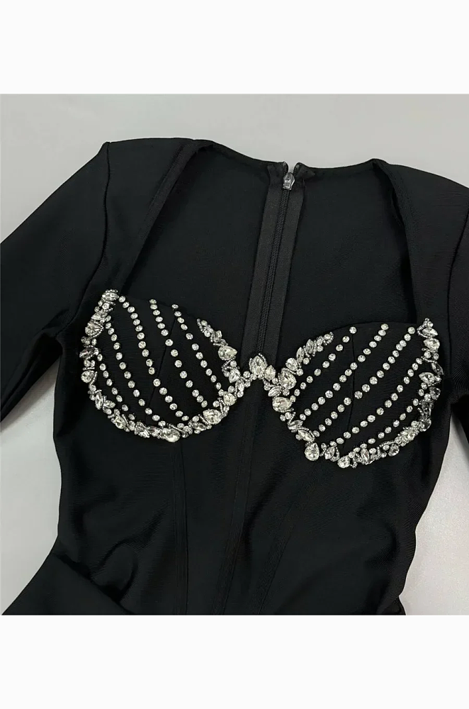 Black Plunge V-Neck Rhinestone Embellished Gown