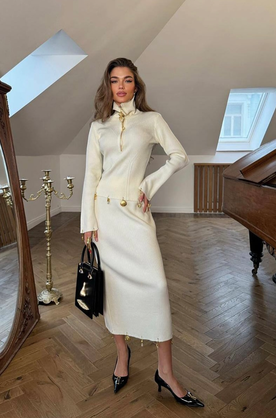 US$ 64.00 - Knit Skirt Set with Metal Details - m.fashion-wish.net