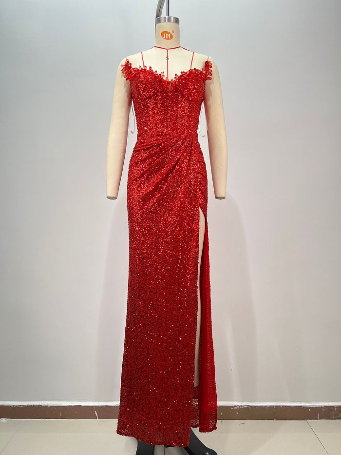 Lace Split Evening Dress in Red