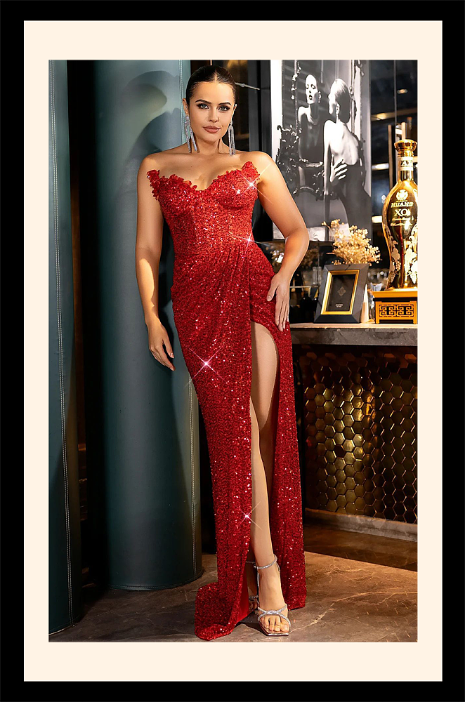 Lace Split Evening Dress in Red