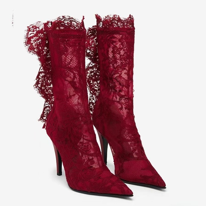 Lace Sharpen Toe Short Boots(red)