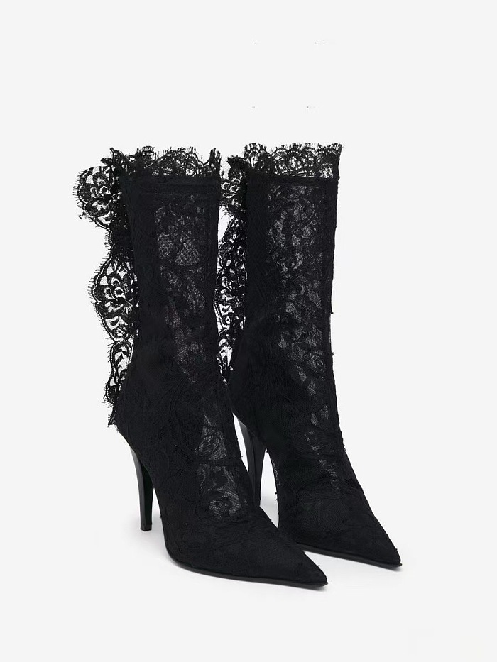 Lace Sharpen Toe Short Boots(black)