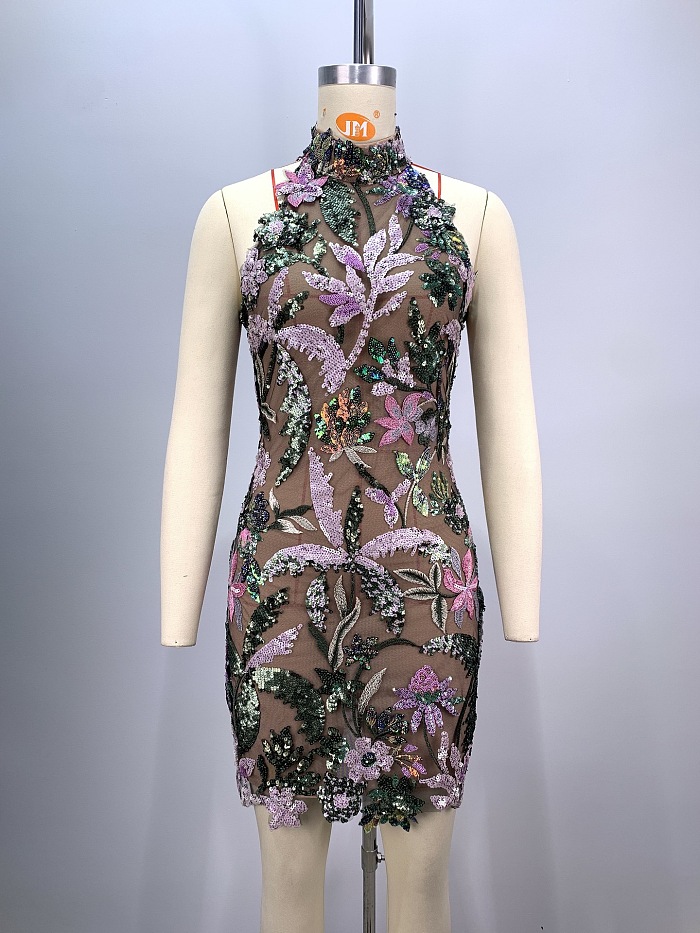 Sequin-embellished Embroidered Mini Dress