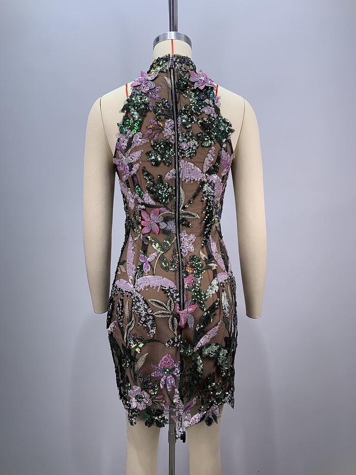 Sequin-embellished Embroidered Mini Dress