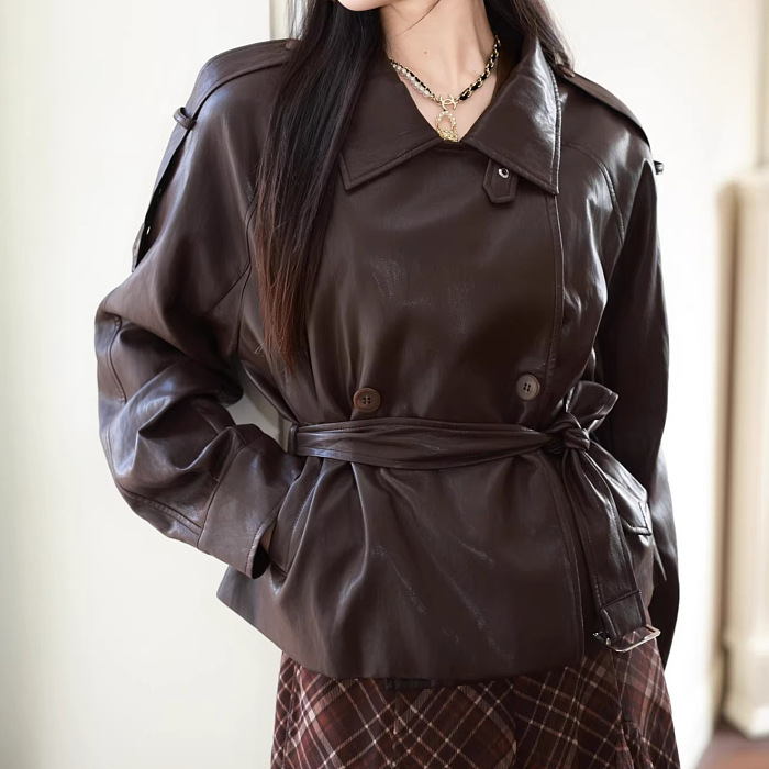 Pu Pilot Shirt Collar Belt Jacket