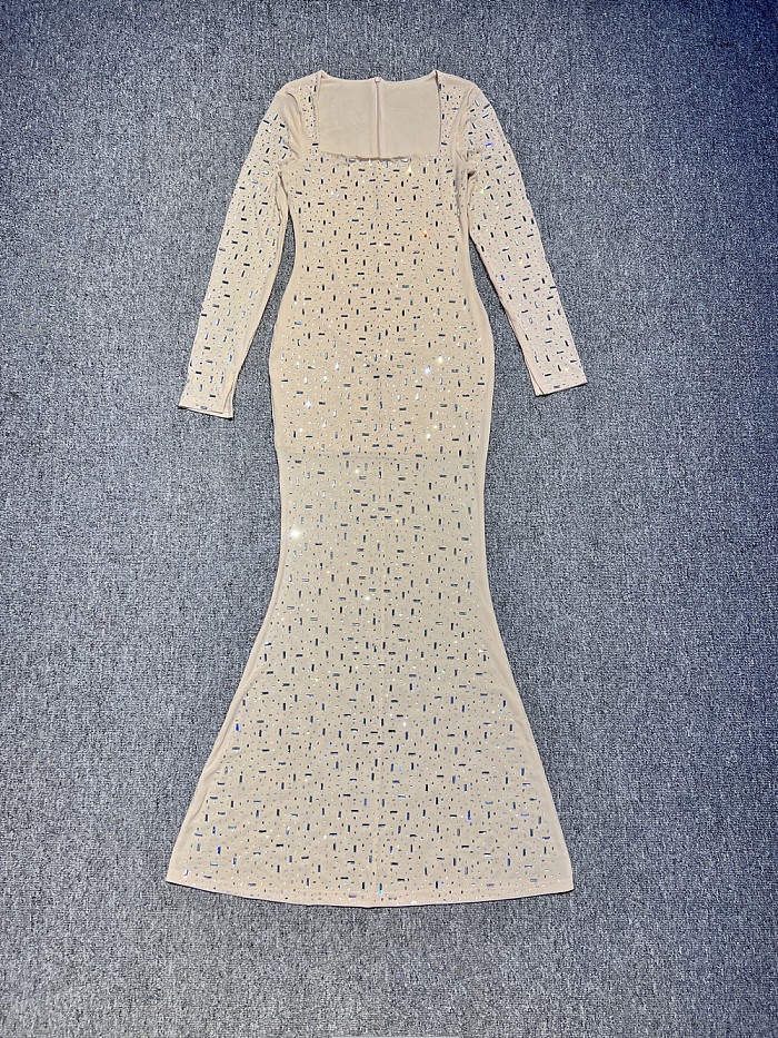 Beaded Square Neck Gown