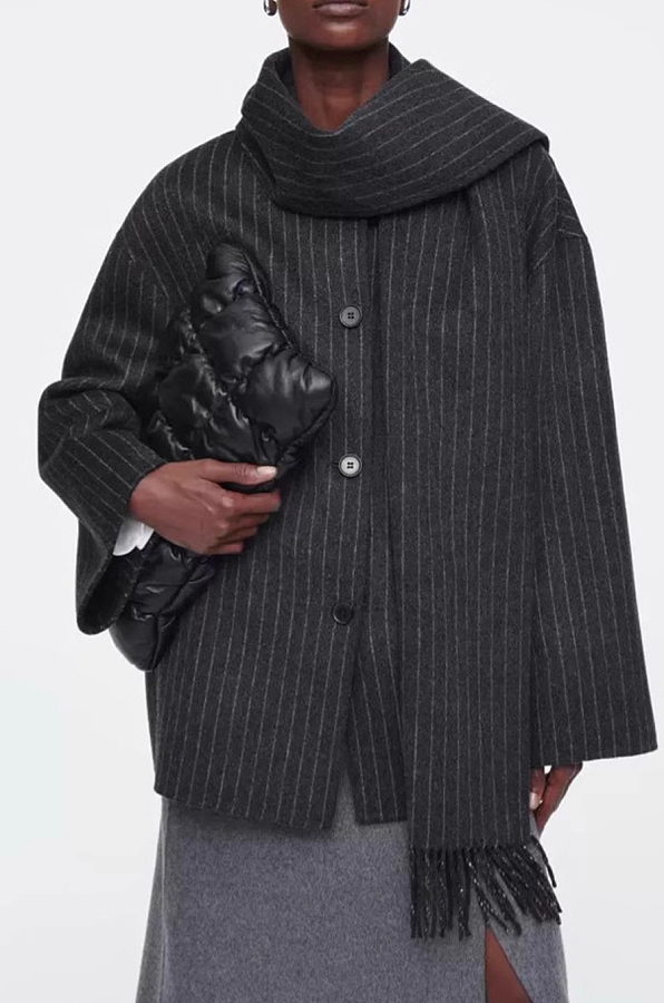 Striped Wool Coat with Scarf