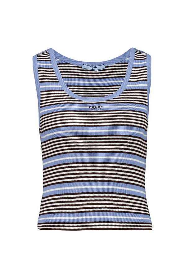 Blue and White Striped Cotton Knit Tank Top