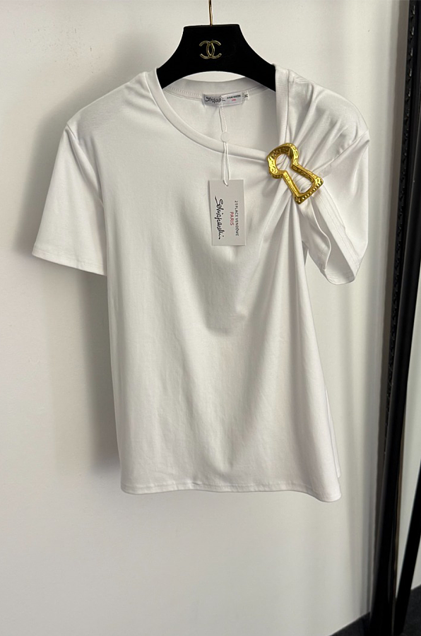 Asymmetric Shoulder Gold Detail Cotton T-Shirt