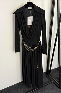Chain Belt Detailed Pleated Long Dress