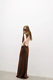 Brown Deep V-Neck Draped Waist Maxi Dress