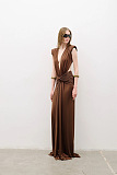 Brown Deep V-Neck Draped Waist Maxi Dress