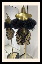 Black Off-Shoulder Feather Tulle Beaded Mini Dress