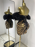 Black Off-Shoulder Feather Tulle Beaded Mini Dress