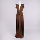 Brown Deep V-Neck Draped Waist Maxi Dress