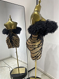 Black Off-Shoulder Feather Tulle Beaded Mini Dress