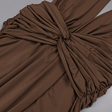 Brown Deep V-Neck Draped Waist Maxi Dress