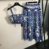 Long majolica-print Poplin Skirt in Multicolor