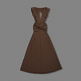Brown Deep V-Neck Draped Waist Maxi Dress
