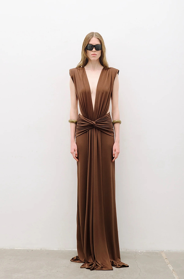 Brown Deep V-Neck Draped Waist Maxi Dress