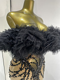 Black Off-Shoulder Feather Tulle Beaded Mini Dress