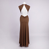 Brown Deep V-Neck Draped Waist Maxi Dress