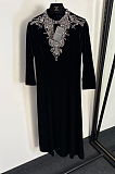 Beaded Velvet Long Dress in wine Red