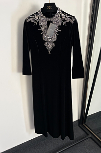 Beaded Velvet Long Dress in wine Red