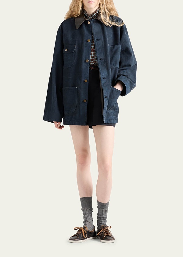 Leather-Collar Canvas Utility Jacket