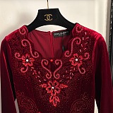 Beaded Long Dress in wine Red