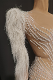 Rhinestone Sheer Bodysuit with Oversized Ruffled Sleeves