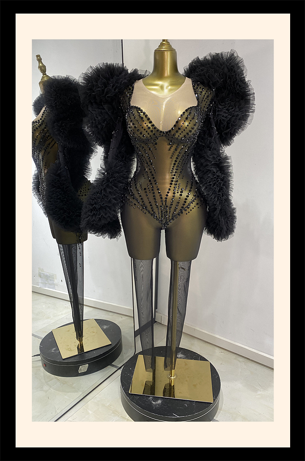 Rhinestone Sheer Bodysuit with Oversized Ruffled Sleeves