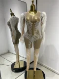 Rhinestone Sheer Bodysuit with Oversized Ruffled Sleeves
