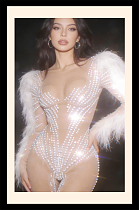 Rhinestone Sheer Bodysuit with Oversized Ruffled Sleeves