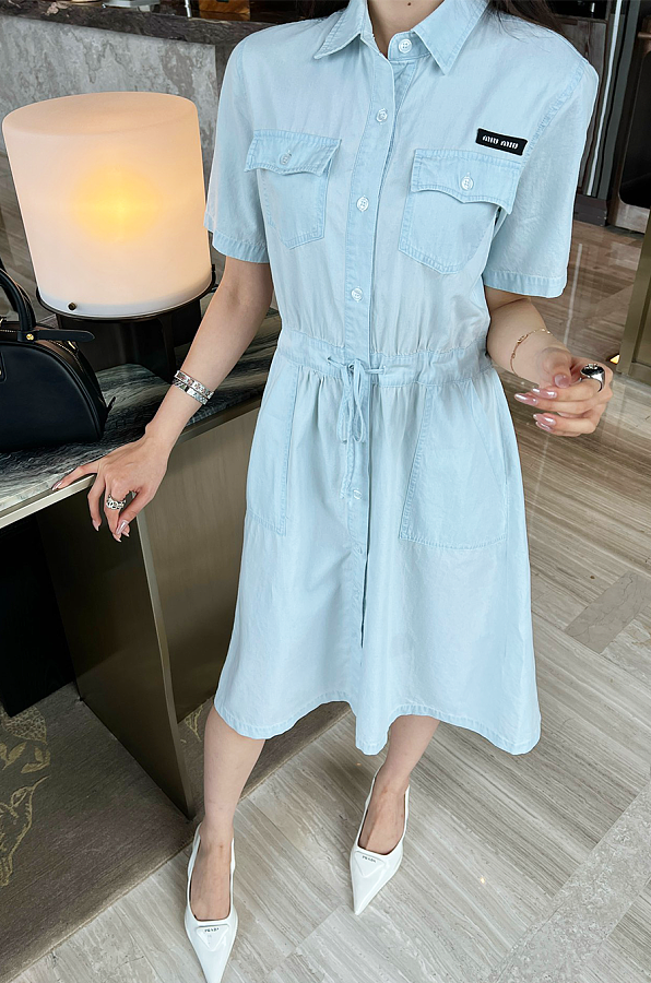 Self-tie Shirt Dress in Light Blue