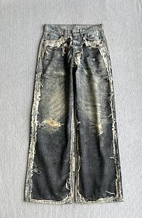 Distressed Frayed Mix Patchwork Wide Leg Denim Jeans