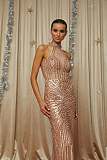 Rose Gold Halterneck Embellished Maxi Dress
