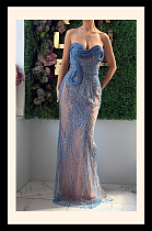 Strapless Beaded Pearls Evening Long Dress