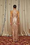 Rose Gold Halterneck Embellished Maxi Dress
