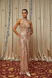 Rose Gold Halterneck Embellished Maxi Dress