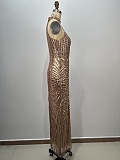 Rose Gold Halterneck Embellished Maxi Dress