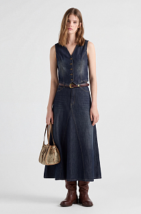 Denim Waistcoat & Belted Pleated Skirt