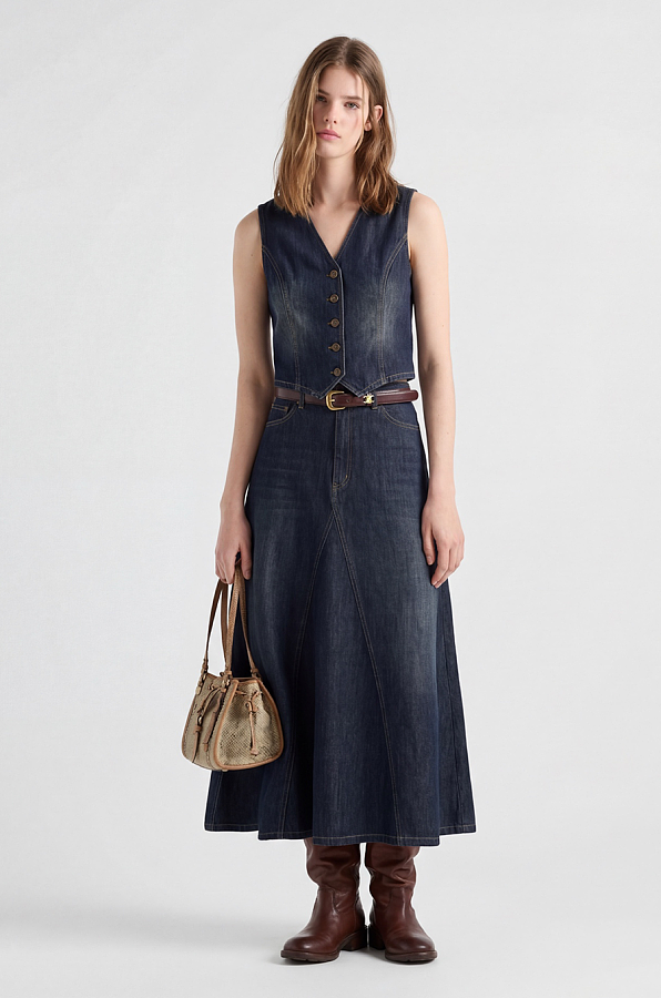 Denim Waistcoat & Belted Pleated Skirt
