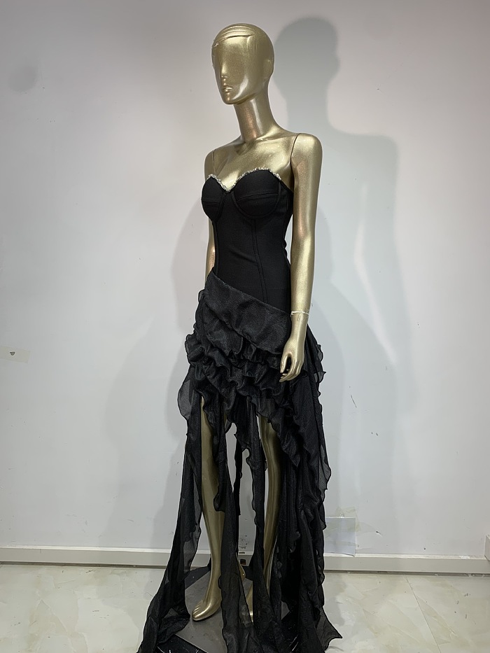 Strapless Ruffle Chiffon High-Low Corset Gown