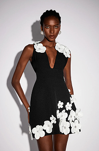 Black Floral V-Neck Mini Dress