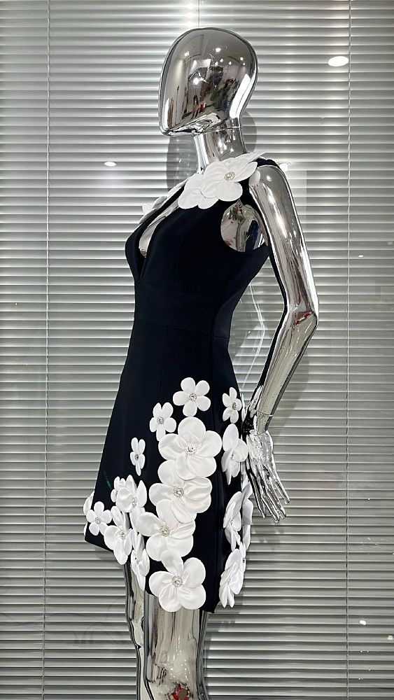 Black Floral V-Neck Mini Dress