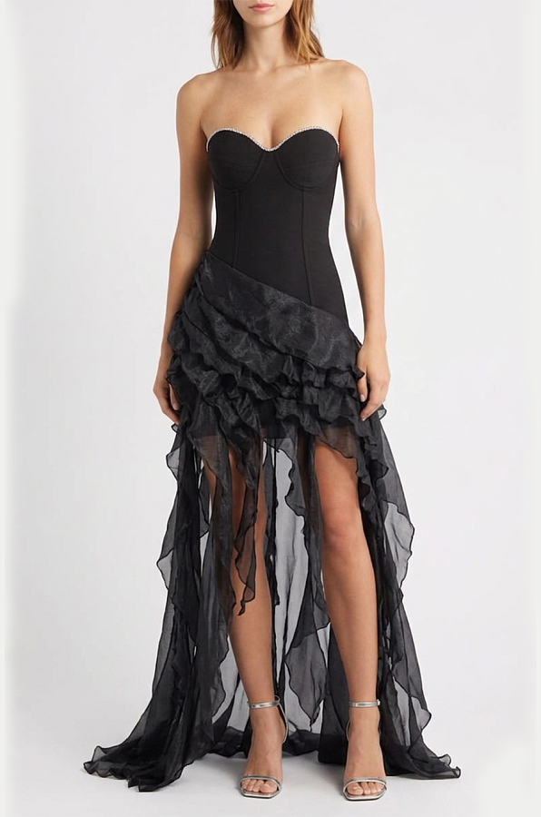 Strapless Ruffle Chiffon High-Low Corset Gown