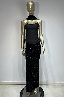 Black Off-Shoulder Sequin Maxi Dress