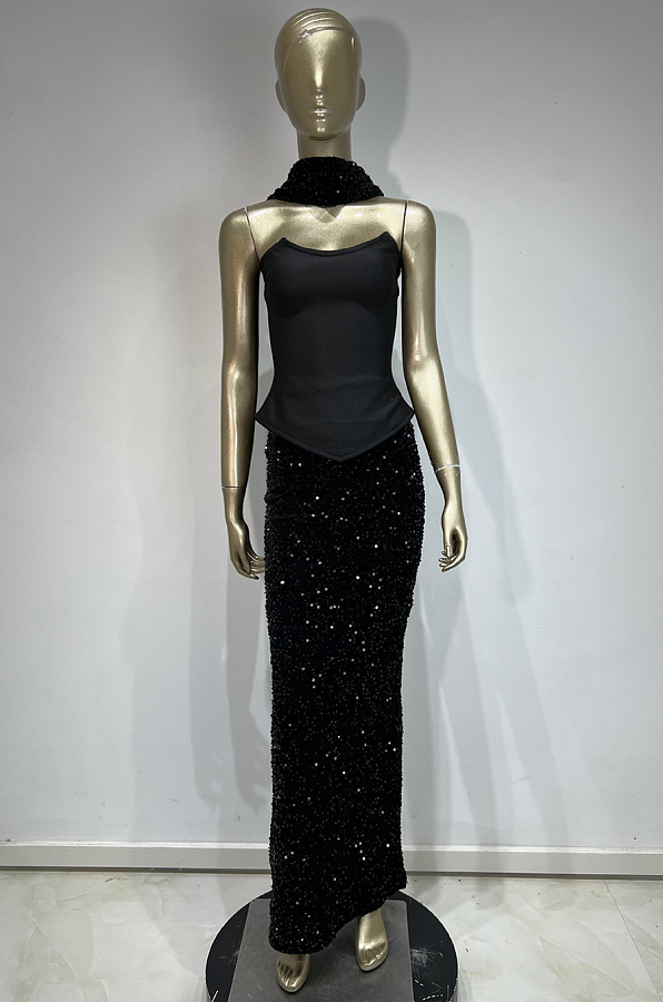 Black Off-Shoulder Sequin Maxi Dress