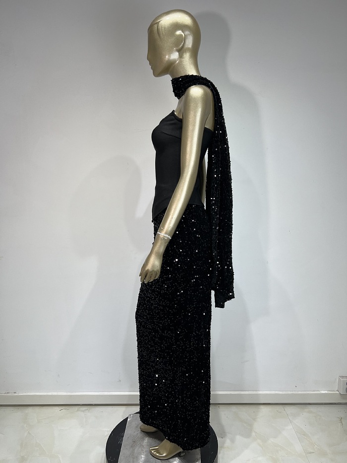Black Off-Shoulder Sequin Maxi Dress